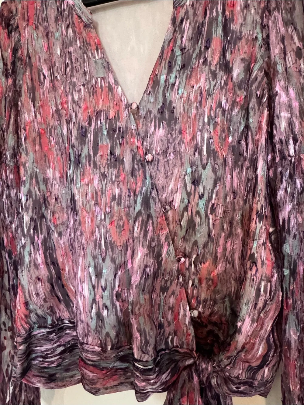 Parker Niko Silk Blend Batik Print Tie-Front Blouse Size Large